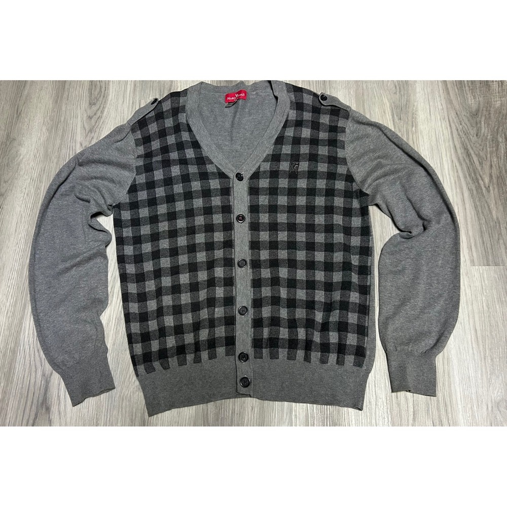 Marc Ecko Mens Cut Sew Plaid Button Cardigan Sweater Cotton XL Grey Black Check